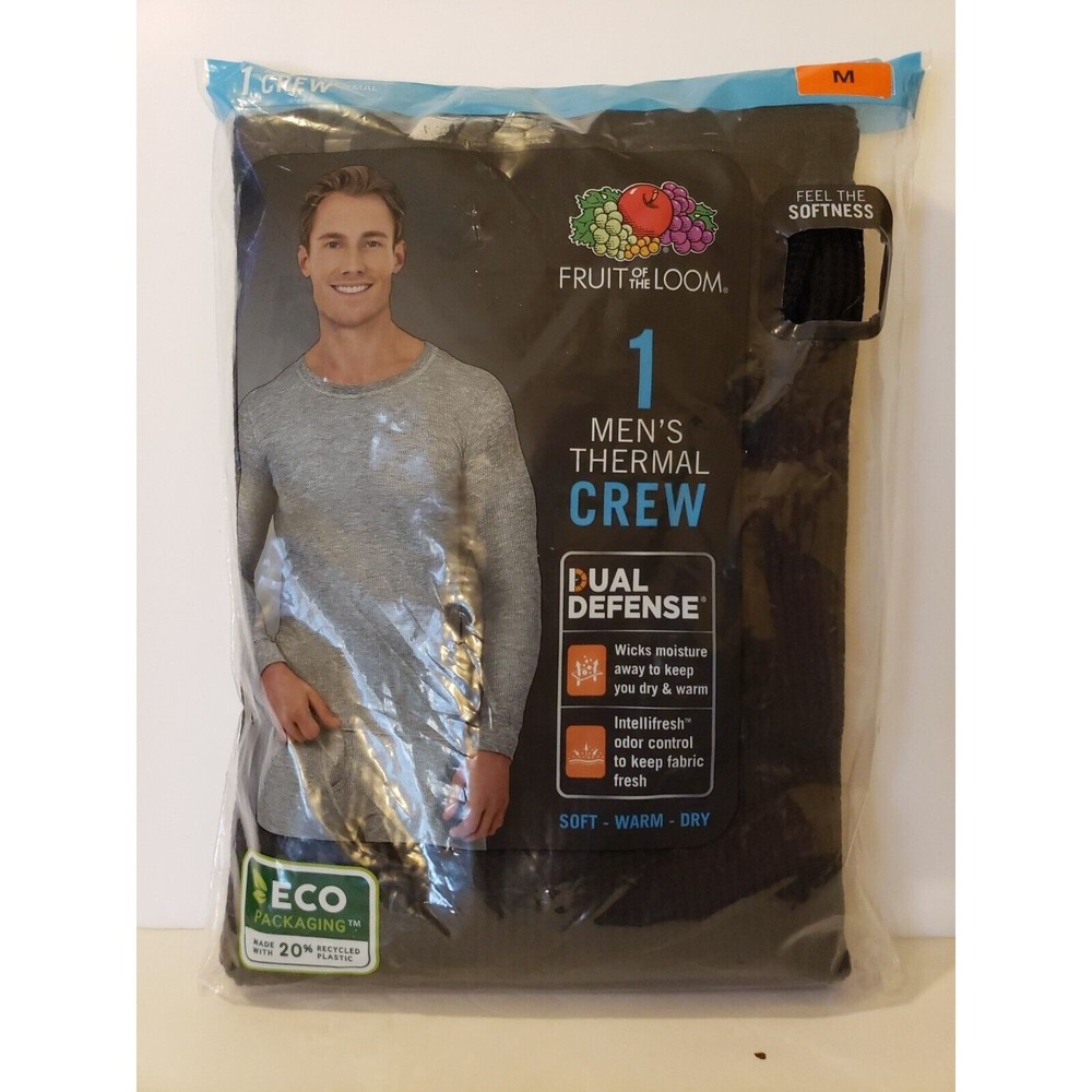 Fruit Of The Loom Mens Thermal Shirt Dual Defense Size Medium Black Crew NEW